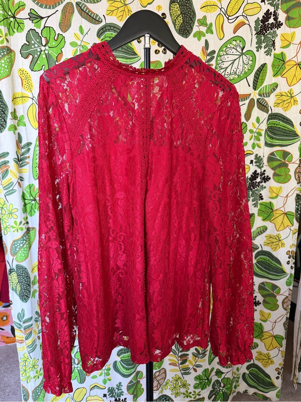 Cable & Gauge Red Floral Lace High Neck Long Sleeve Blouse